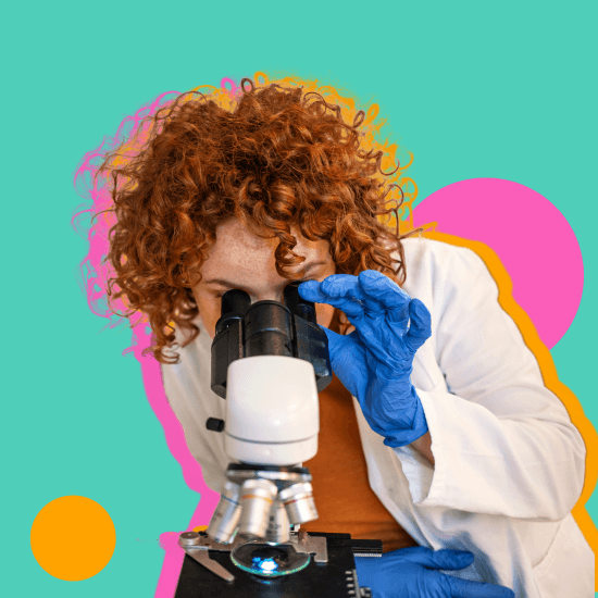 A science student with curly red hair wearing a lab coat and blue gloves looks into a microscope, with pink and orange circles behind her and a solid teal background.